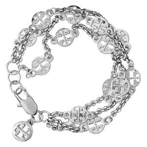 NEW Tory Burch Silver Hole Punch Cutout Circle  Multi Strand Logo Bracelet